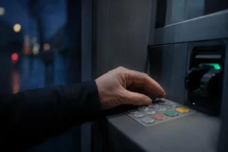 Рука прикриває клавіатуру банкомата під час введення PIN-коду — захист від скімінгу