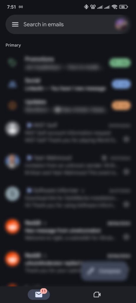 gmail app showing emails under primary category