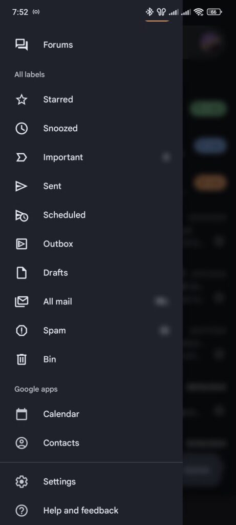 gmail app sidebar featuring settings