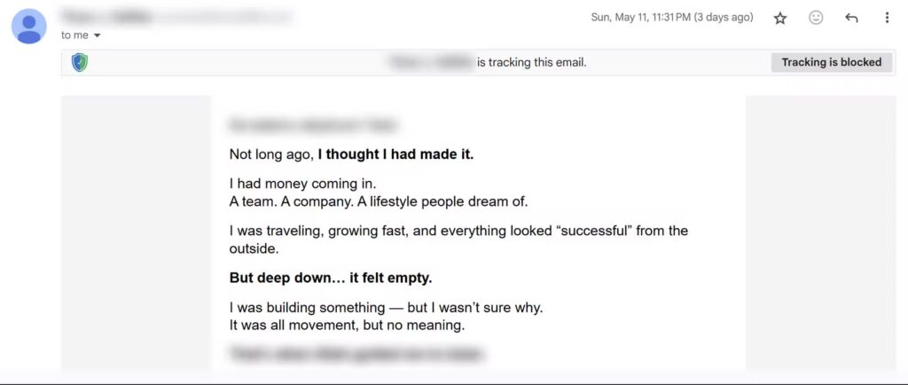 gmail with status bar showing that a tracker is blocked