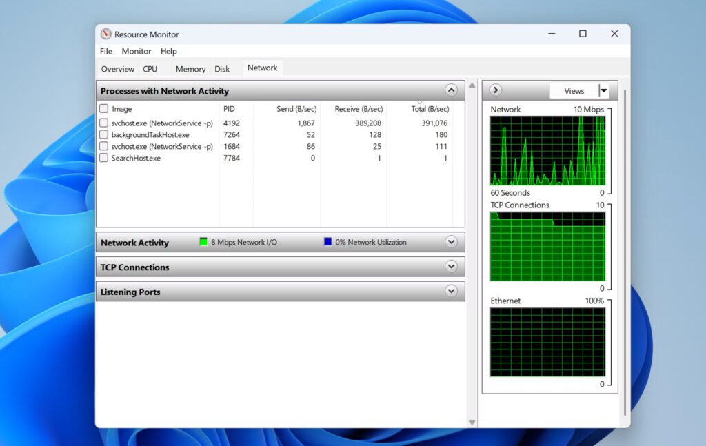 windows 11 resource monitor showing network usage