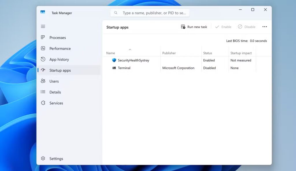 viewing start up apps page in windows 11