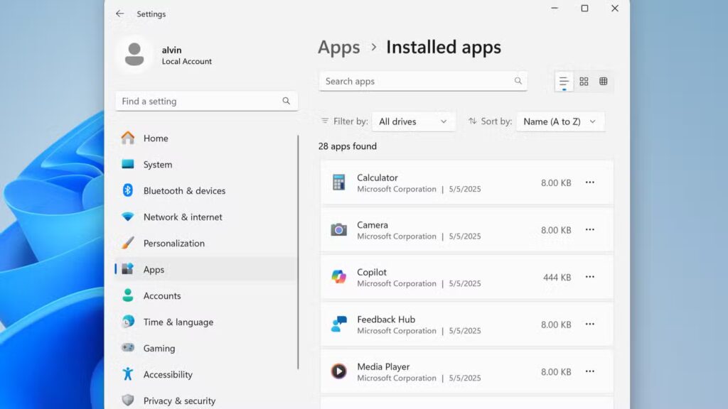 windows 11 settings app showing the list of installed apps