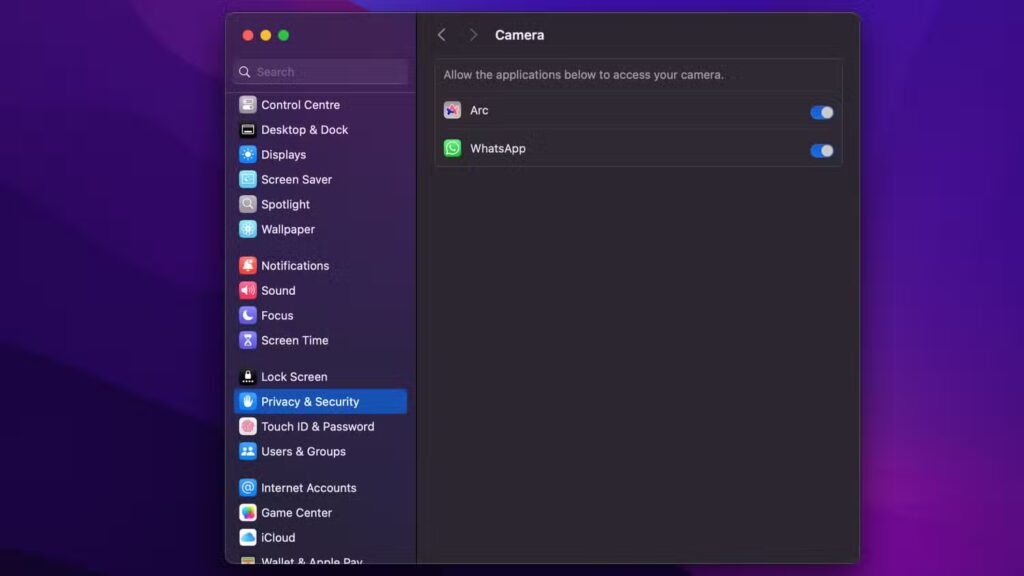 macos settings app showing apps that have access to the camera