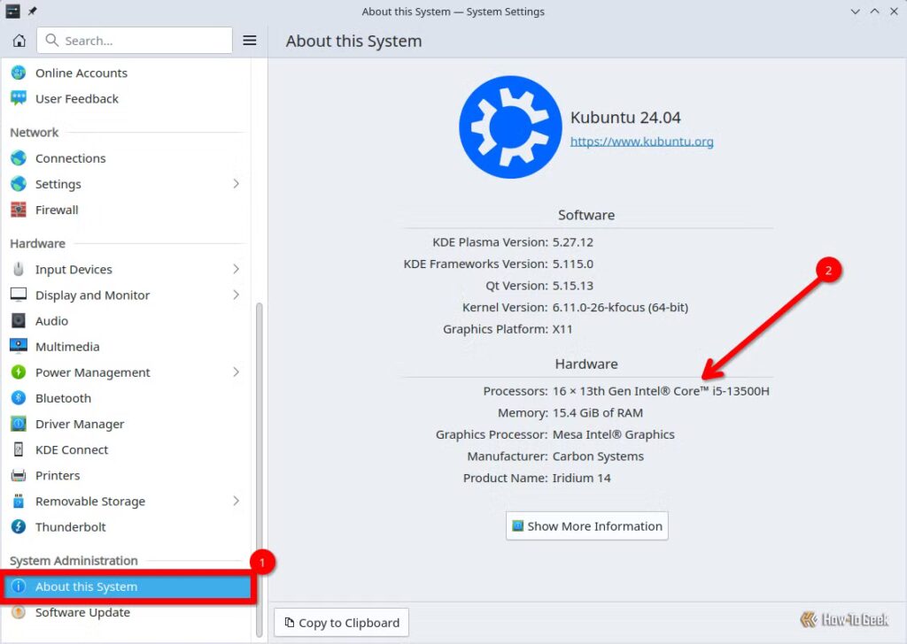 Чи працюватиме Linux на вашому старому ПК? Перевірте процесор 37 the kde plasma settings dialog with the about this system view open and a red arrow pointing to the processor name
