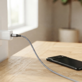 Смартфон заряджається через USB-C кабель від компактного адаптера в розетці