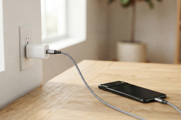 Смартфон заряджається через USB-C кабель від компактного адаптера в розетці