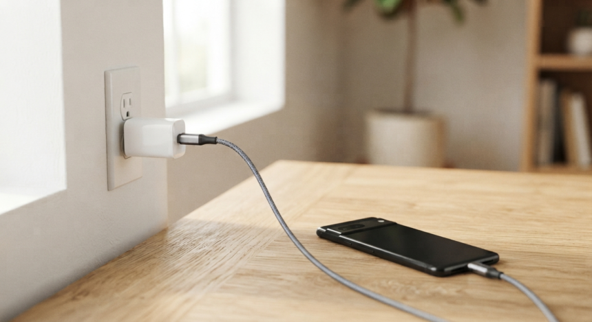 Смартфон заряджається через USB-C кабель від компактного адаптера в розетці