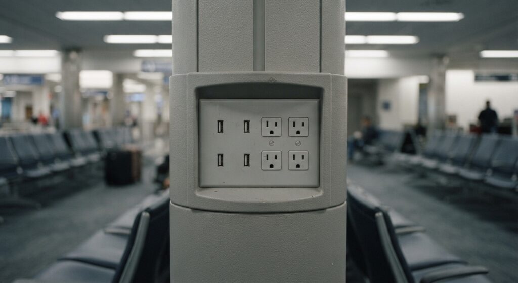 Панель із публічними USB-портами та розетками в залі очікування аеропорту
