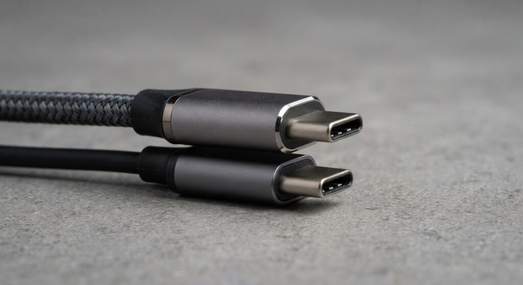 Два кабелі USB-C різної якості поруч на сірій поверхні