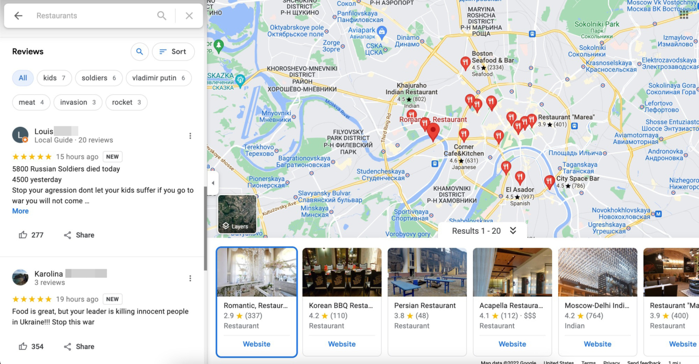 Боротьба з російською дезінформацією через огляди ресторанів Google