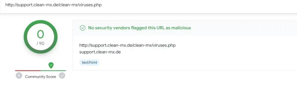 VirusTotal показує перевірену URL-адресу як чисту, без вірусів