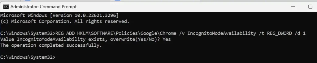 Виконання команди для вимкнення режиму інкогніто Chrome через командний рядок у Windows