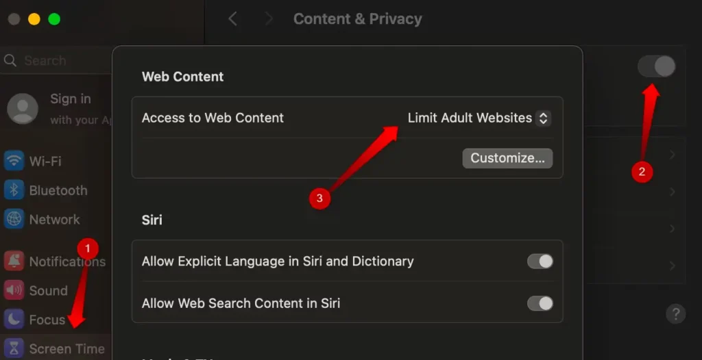 5 disabling the adult content from the content and privacy settings in macos