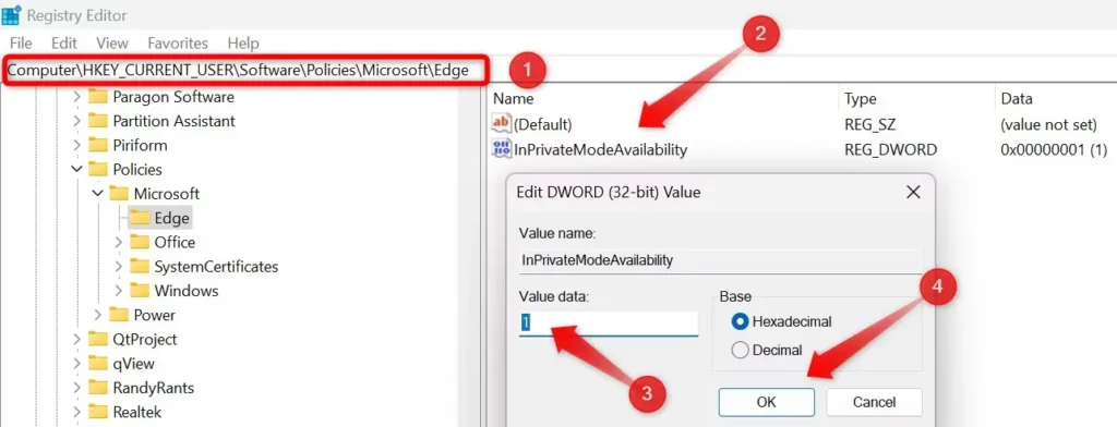 creating a key in registry editor to disable inprivate mode in microsoft edge