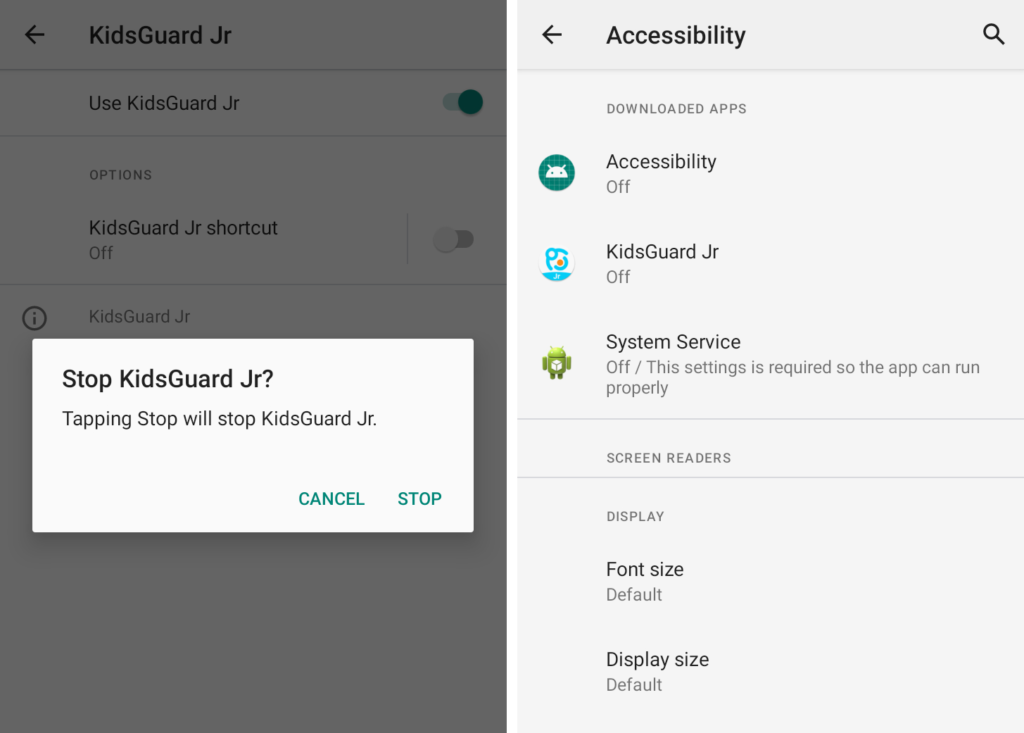 На двох скріншотах поруч показано, як програма KidsGuard перехоплює функцію доступності в Android, щоб стежити за користувачами, які нічого не підозрюють. На другому скріншоті показано три програми-переслідувачі - Accessibility, KidsGuard і System Service - всі вони вимкнені, тобто більше не працюють.