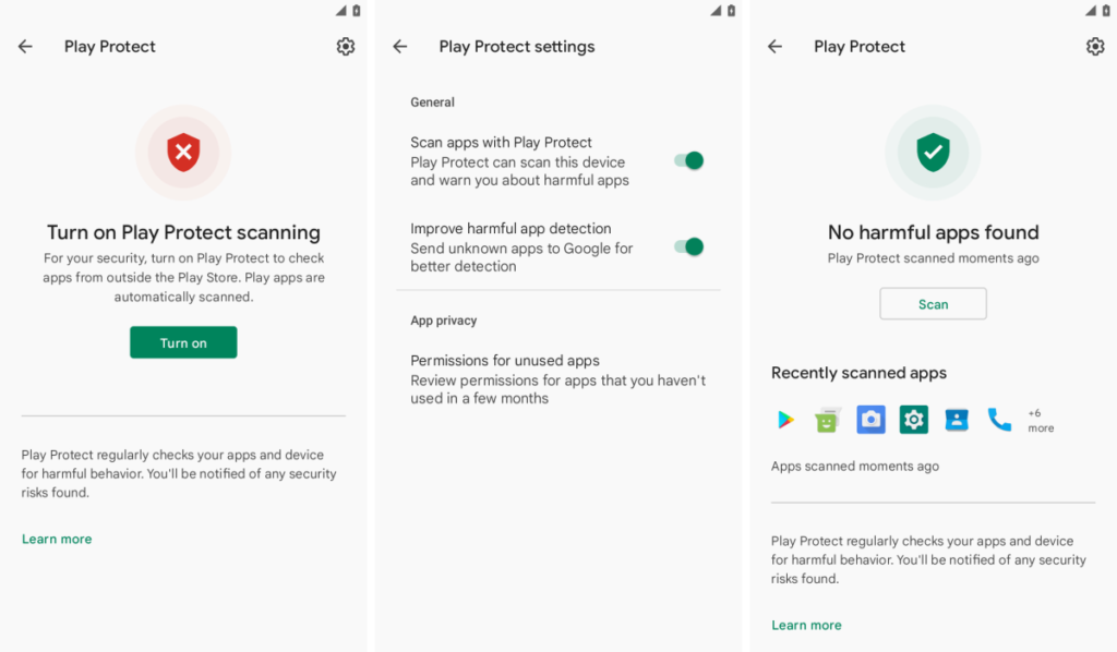 Три знімки екрана, на яких показано Play Protect з вимкненим скануванням, потім налаштування Protect Play з увімкненими перемикачами, і третій знімок екрана з увімкненим Google Play Protect і написом «Шкідливих програм не знайдено» з кнопкою «сканувати» для перевірки на наявність потенційно шкідливих додатків.