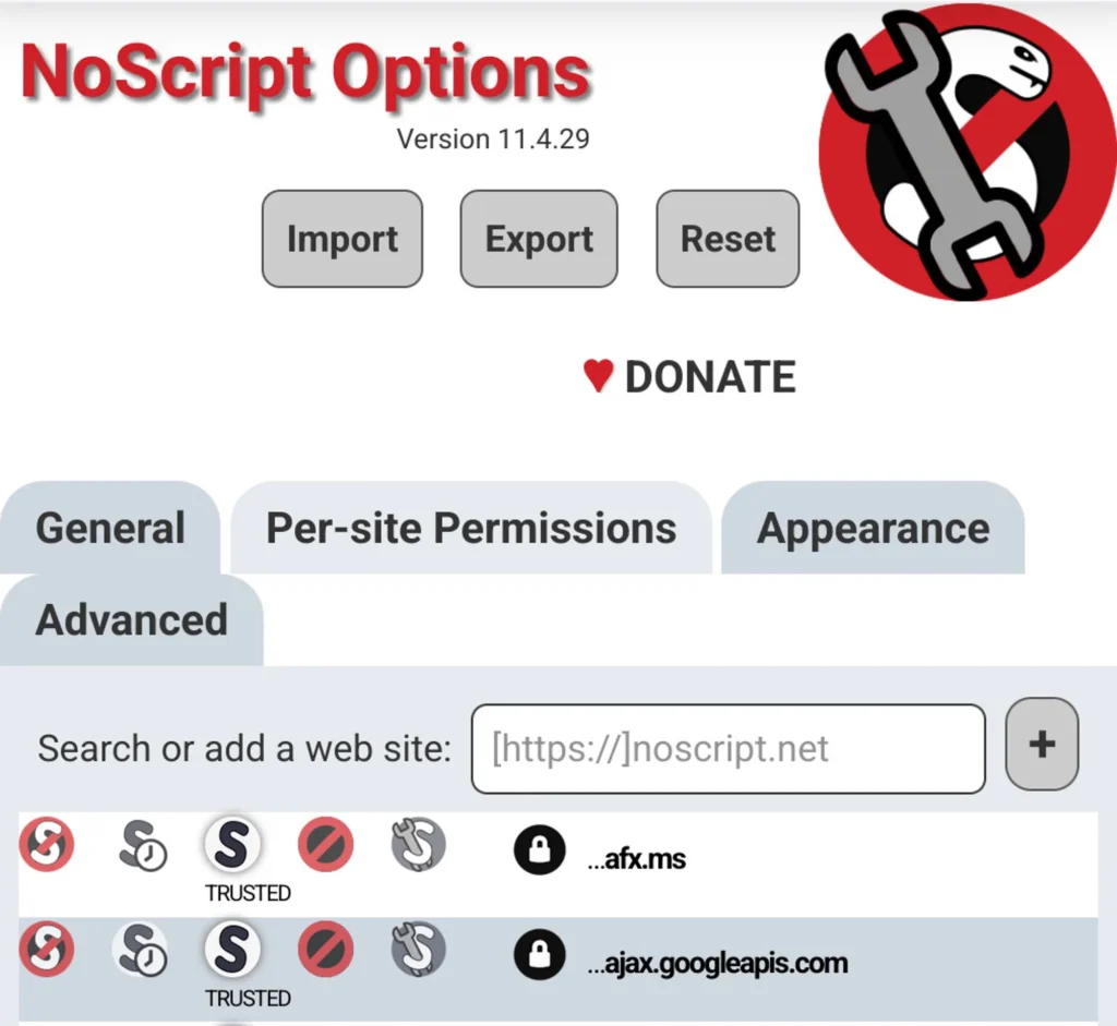 Сторінка налаштувань NoScript Security Suite