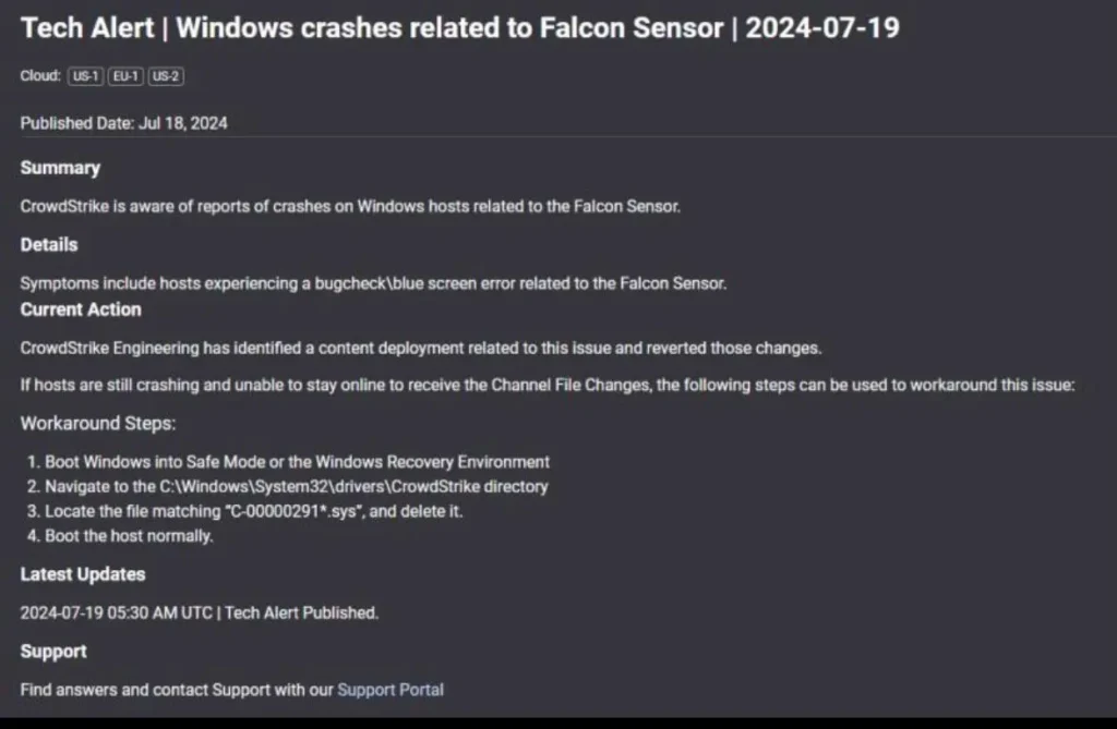 Знімок екрана з інформацією про проблему з Falcon Sensor від 19 липня.