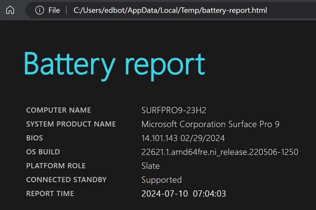 Скористайтеся командою powercfg з параметром /batteryreport, щоб створити цей документ у форматі HTML