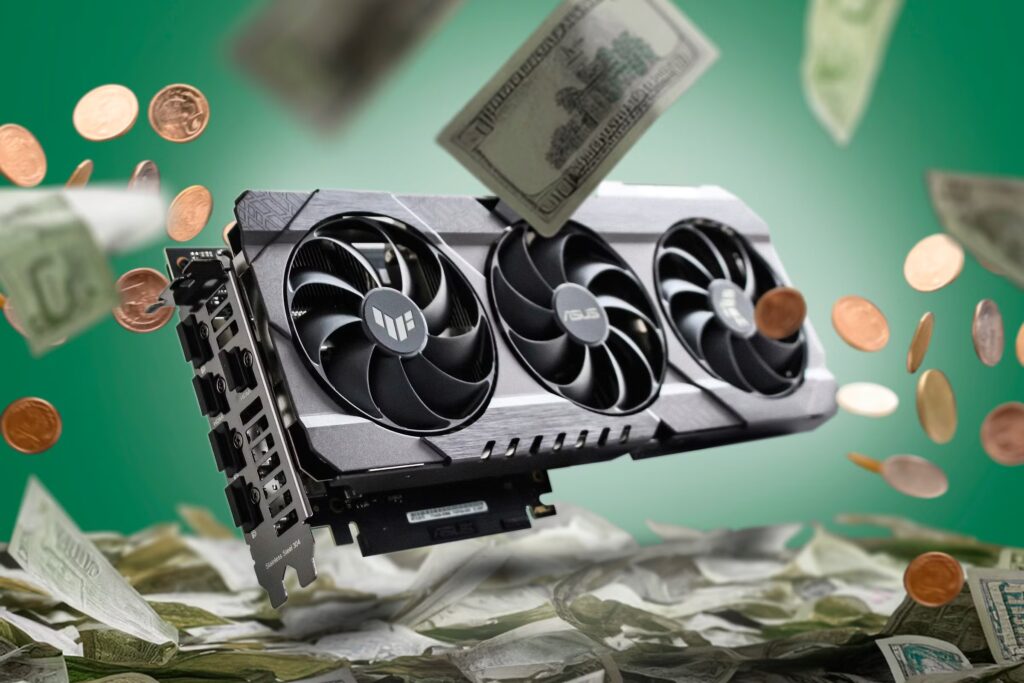 a gpu with a pile of money around it