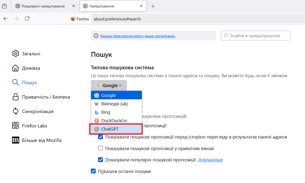 Розділ «Типова пошукова система» у налаштуваннях Firefox