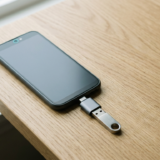Смартфон на столі з підключеною через OTG-перехідник USB-флешкою