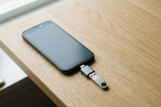 Смартфон на столі з підключеною через OTG-перехідник USB-флешкою