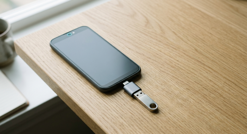 Смартфон на столі з підключеною через OTG-перехідник USB-флешкою