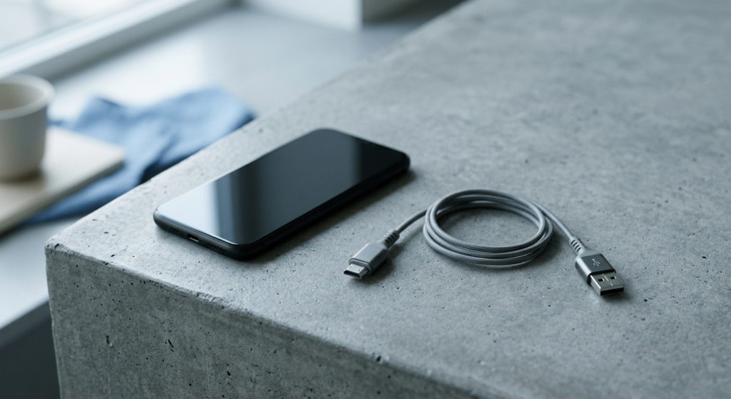 Смартфон із заблокованим екраном поруч із чужим USB-кабелем