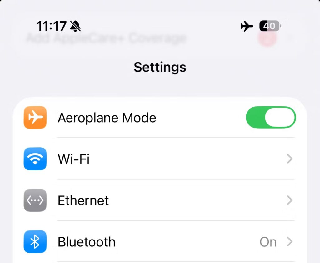 ethernet entry in the ios 26 settings app