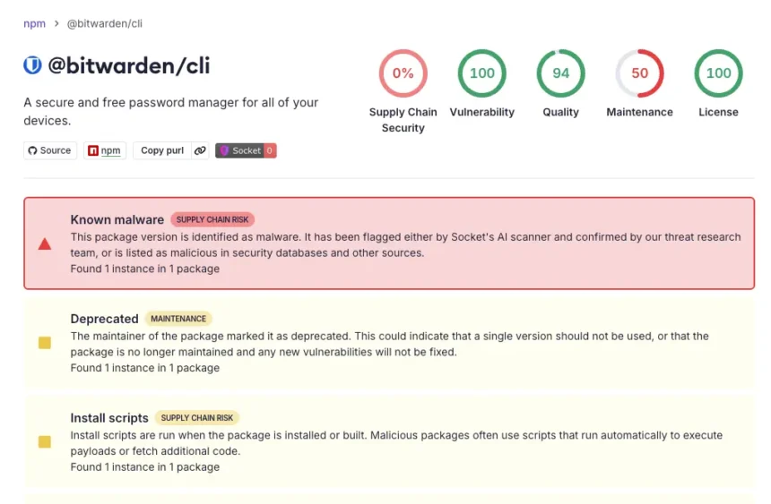 Менеджер паролів Bitwarden атаковано через ланцюжок постачання: npm-пакет містив шкідливий код