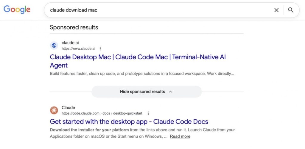 Спонсорований результат Google для запиту Claude mac download, що веде на справжній claude.ai, але до шкідливого чату