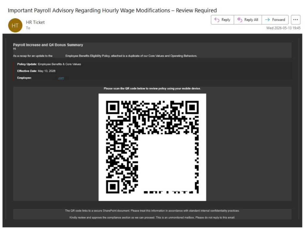 Приклад фішингового листа з QR-кодом, замаскованого під повідомлення HR-відділу