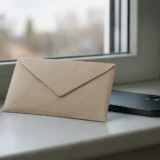 Запечатаний крафтовий конверт і смартфон на підвіконні