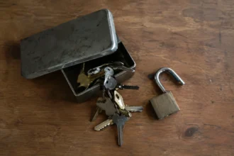 Ключі, що висипаються з металевої скриньки, і відкритий навісний замок на столі