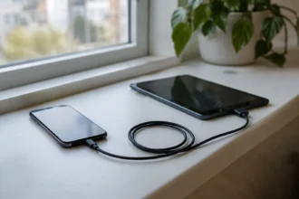 Смартфон і планшет на підвіконні, з’єднані кабелем, поруч вазон із рослиною