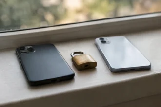 Два смартфони різного кольору й латунний навісний замок між ними на підвіконні