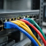 Кольорові мережеві кабелі, підключені до комутатора в шафі