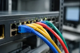 Кольорові мережеві кабелі, підключені до комутатора в шафі