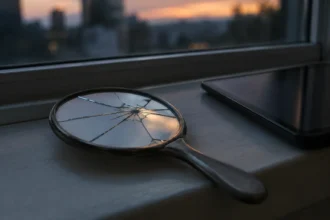 Ручне дзеркальце з тріснутим склом поруч із планшетом на підвіконні в сутінках