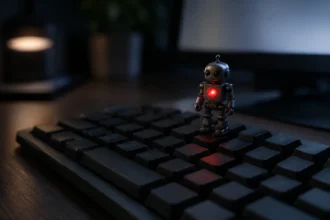 Іграшковий робот із червоним індикатором на грудях стоїть на клавіатурі в темряві