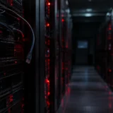 Темний прохід між серверними стійками з червоними індикаторами, звисає від’єднаний кабель