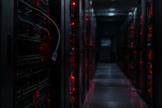 Темний прохід між серверними стійками з червоними індикаторами, звисає від’єднаний кабель