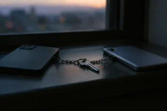 Два смартфони на підвіконні, з’єднані ланцюжком із ключем посередині