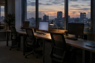 Порожній офіс увечері: крісла біля столів, за вікнами місто