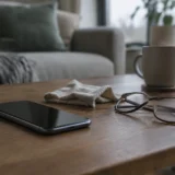 Настільна поверхня з окулярами, телефоном, серветкою й чашкою на фоні дивана