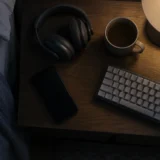 Нічний столик з навушниками, телефоном, клавіатурою та чашкою кави