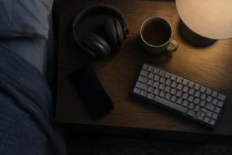 Нічний столик з навушниками, телефоном, клавіатурою та чашкою кави