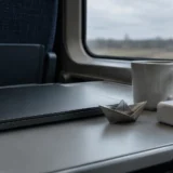 ноутбук, металева паперова човник і чашка на столі поруч вікна потяга